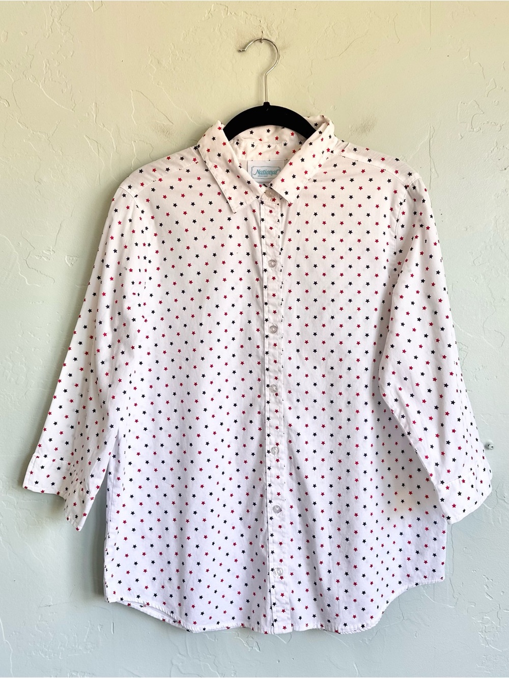 National White Red Blue Star Print Button-Up Shirt M Preppy Nautical 4th of July